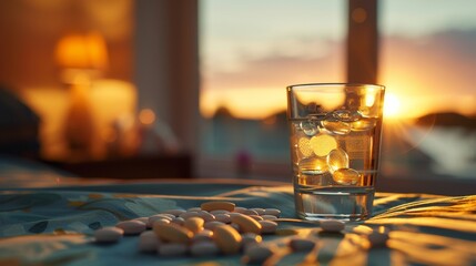 A glass of water with ice sits on a table with pills scattered in front of it, the setting sun casting a warm glow.