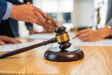 A team meeting of business people and a lawyer in formal suits is taking place at a desk, discussing a contract and various aspects of the law and litigation.