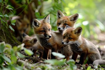 Fototapeta premium Charming Baby Foxes Exploring and Playing in the Forest Habitat