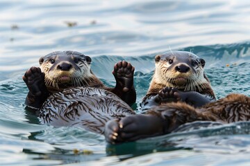 Fototapeta premium Playful Otters Floating Carefree on Rippling Water Surface