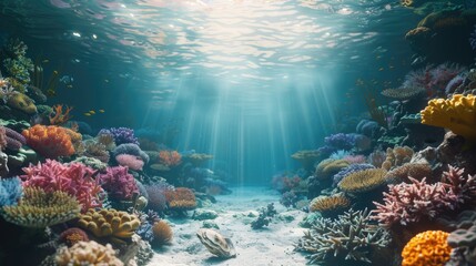 a vibrant coral reef corridor, teeming with an array of colorful corals, with a small, lone oyster nestled amidst the marine splendor.