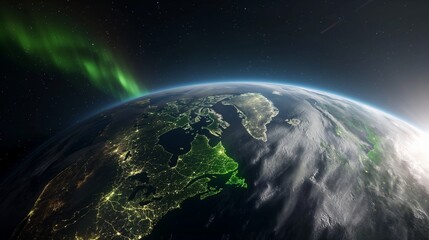 A realistic Earth viewed from space, showing regions illuminated by green light to symbolize areas utilizing renewable energy extensively. 