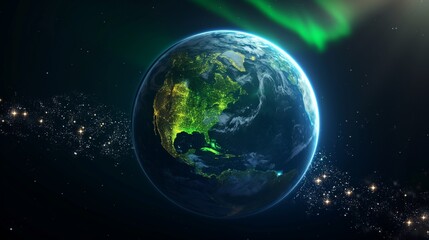 Obraz premium A realistic Earth viewed from space, showing regions illuminated by green light to symbolize areas utilizing renewable energy extensively. 