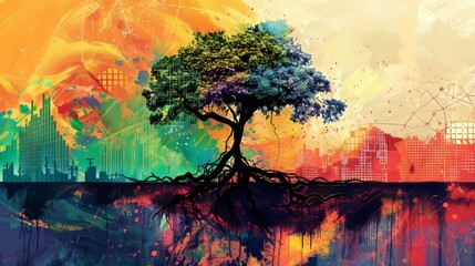 Abstract Tree Painting with Vibrant Colors for Modern Art Decor