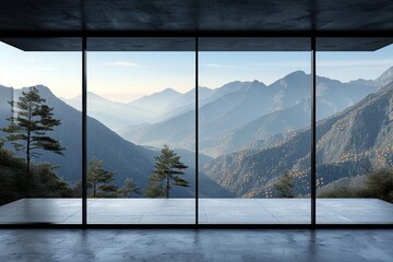 Scenic mountain view from a modern home with large windows, creating a serene and inviting atmosphere perfect for nature lovers and peaceful retreats