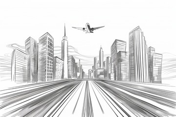 Black outlines Infrastructure illustration. Large highway in city. Modern town at white background tower and skyscrapers business building. Plane is flying. Vector design art 
