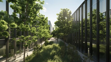 A rendering of a glass office complex with a perimeter of densely planted trees, designed to create a microclimate and reduce urban heat.