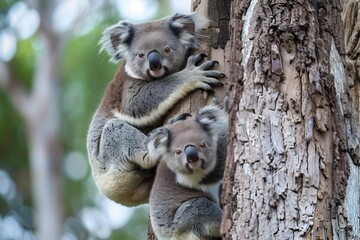 Obraz premium Charming Baby Koalas Climbing up a Eucalyptus Tree in Natural Habitat