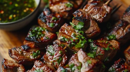 Close-up of succulent grilled pork neck slices on a skewer, served with dipping sauce and fresh herbs