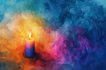 Top view flat design of a candle representing perseverance in the darkness of a cancer battle, watercolor, triadic colors copy space, resilience and light, whimsical, Multilayer, quiet room backdrop