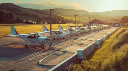 A scenic view of a fleet of electric planes parked at a rural airport, each connected to a green energy source.