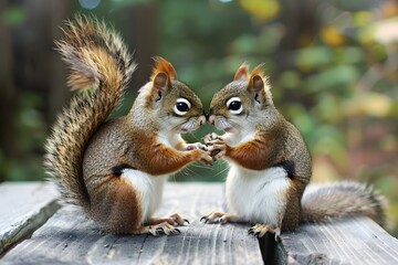 Naklejka na ściany i meble Friendly Squirrels Sharing A Nut In The Woodland Environment