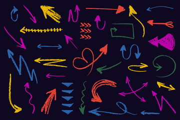 Set of hand drawn arrows with curvy lines. Scribble isolated wavy pointers. Set of doodle arrow icons. Collection of sketchy hand free curved lines and pointers.
