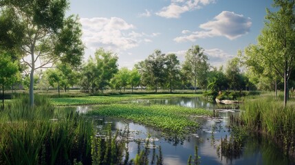 Obraz premium A scenic view of a natural wetland used for phytoremediation, where plants help purify wastewater naturally before it re-enters a river system