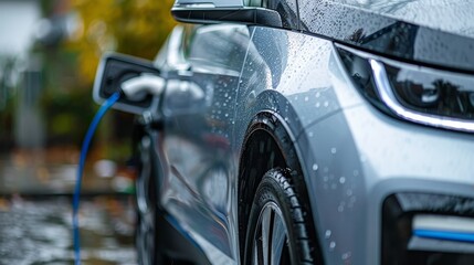 Close-up of an electric car charger in a city for eco-friendly transport using green energy.