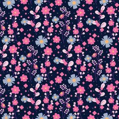 Floral pattern with pink and blue flowers. Vintage spring background with hand drawn ditsy elements .