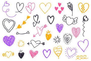 Hand drawn heart collection, simple retro sketch love icons isolated on dark background. Scribble drawings.