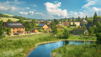 Fototapeta premium A scenic view of a sustainable living community that uses bioenergy for all its heating and power needs. The community includes homes, a school, and small businesses, all benefiting from bioenergy.