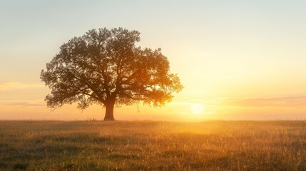 Fototapeta premium A lone tree stands in a field at sunrise, bathed in golden light. The sky is a soft blue and the grass is a vibrant green.