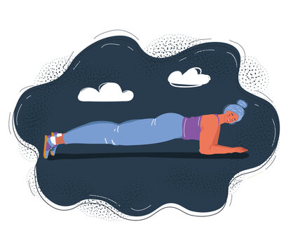 Cartoon vector illustration of Woman making perfect body with the plank exercise on dark background.