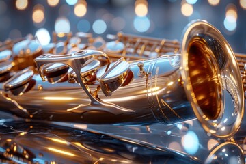 close-up of a golden saxophone resting on a shiny black marble surface, reflecting the instruments...