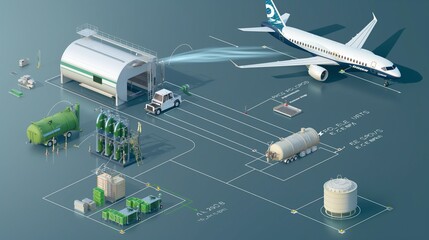 A schematic representation of the fuel supply chain for eco-friendly aviation fuel, from production to airplane tank.