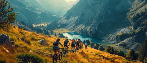 aerial view with beautiful view, group of teens in a funny race on mountain bikes