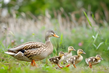 Fototapeta premium Mother Duck Leading Her Adorable Ducklings Through Lush Grass