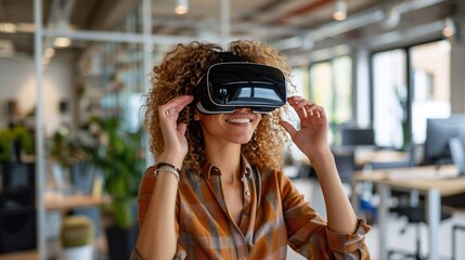 Woman setting up a virtual reality headset for a remote meeting in a modern office