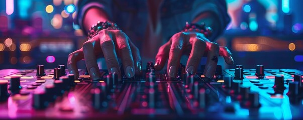 A DJ's hands on a mixing console, adjusting controls during a vibrant night event, illuminated by colorful lights in a lively atmosphere.