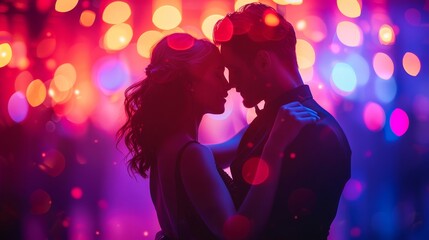 A romantic couple shares an intimate moment against a vibrant, colorful bokeh background, symbolizing love, romance, and connection.