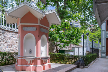 Fountain in the garden of the historic Ertuğrul Tekke Mosque.