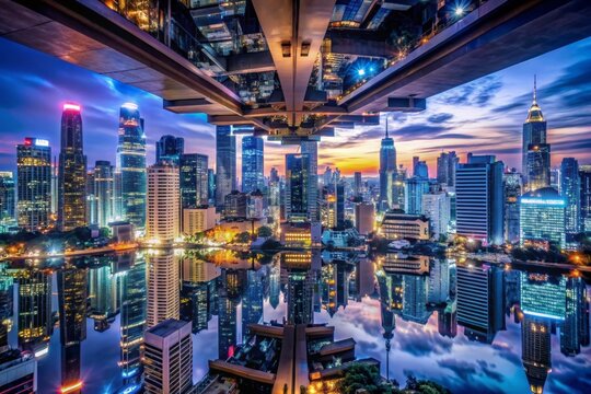 Skyscraper buildings in urban city, Bangkok, Thailand upside down at night in inception Sci-fi futuristic technology fantasy concept.