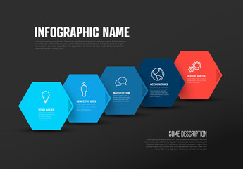 Five blue and red steps infographic templates on hexagons in one diagonal line