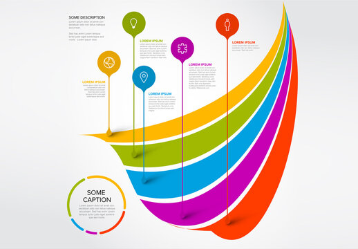 Five droplet pins on rainbow stripes multipurpose infographic template