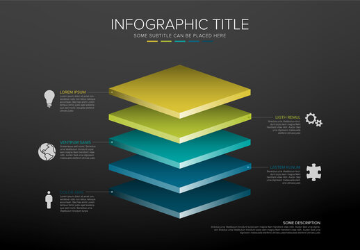 Multipurpose dark infographic template with five desk levels, icons and descriptions