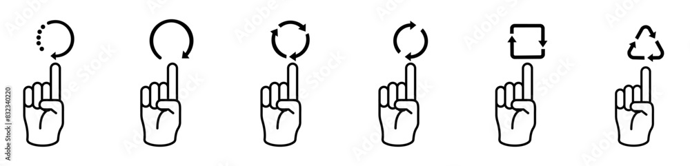Poster recycle symbol set. recycle black vector icons in a row with finger pressure, click on recycle sign 