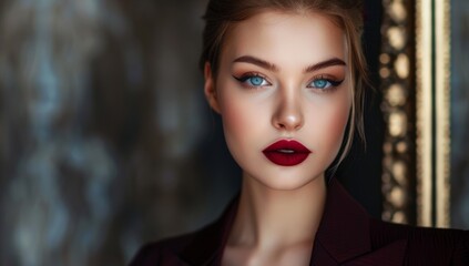 A beautiful woman with sleek hair and blue eyes, wearing red lipstick and a dark burgundy blazer outfit. Dramatic winged eyeliner makeup. glamorous brunette model with long black hair and red lips