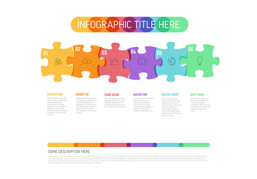 Horizontal six puzzle pieces steps infographic template with big icons and descriptions