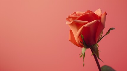 Obraz premium A single red rose love at first sight red pink background wall shadow close up copy space