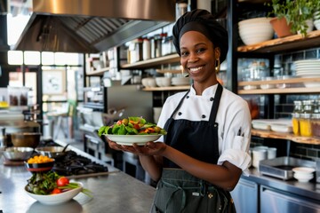 A black female chef holding a salad in her hand, standing at the kitchen counter of an open restaurant