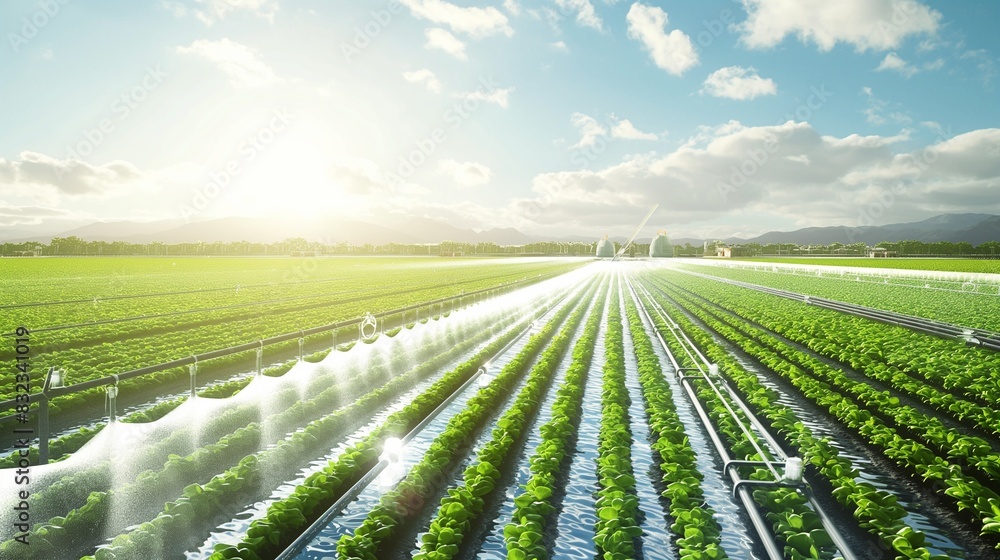 Poster a smart irrigation system in a large agricultural field, demonstrating efficient water use by target
