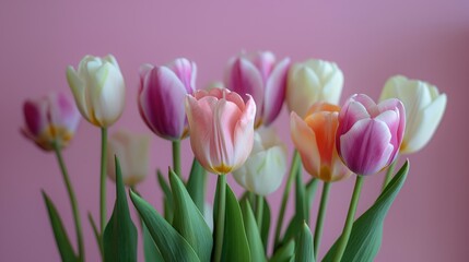 Fototapeta premium Colorful tulips flowers white blue purple magenta light color background