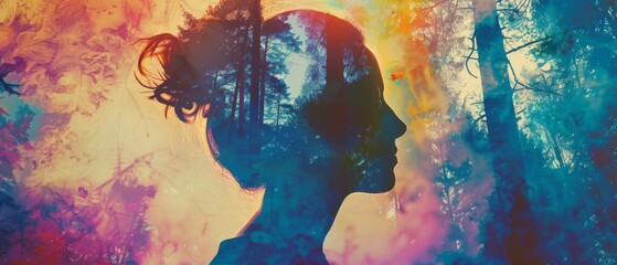 Abstract double exposure of a woman's silhouette with colorful forest background, symbolizing nature and human connection.