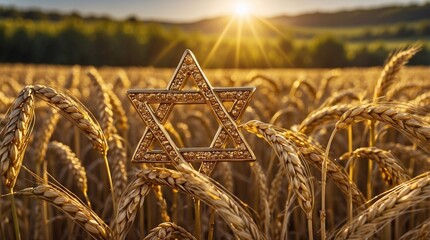 Golden Star of David on a field of ripe wheat. Farming in Israel, growing cereals in the desert. Symbol of harvest and prosperity Shavuot
