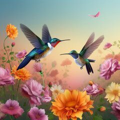 Two Hummingbirds with Colorful Flower Background