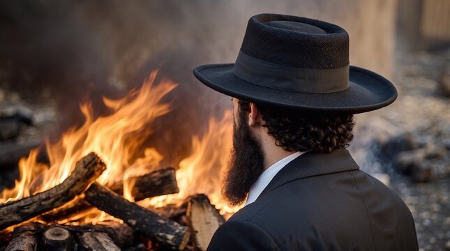 Jewish holiday Lag B'Omer. Orthodox man in a hat against the backdrop of a large fire.