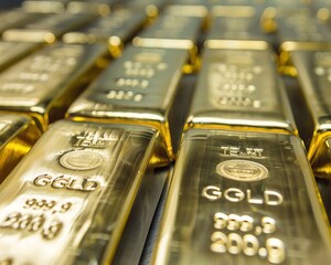 Close-up of gold bar production with market trends. Demonstrates trends. Futuristic tone. Tetradic color scheme