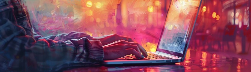 Person typing on a laptop in a vibrant, colorful setting. The atmosphere is energetic and dynamic, perfect for creative or tech-related concepts.