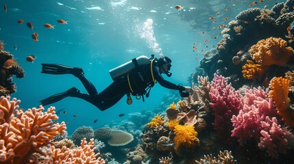 Fototapeta premium A scuba diver exploring a coral reef